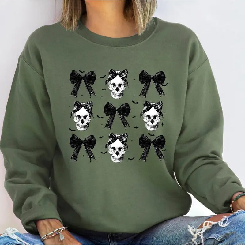 Coquette Halloween T-Shirt, Halloween Skull Black Bow Sweatshirt, Retro Halloween Shirt, Halloween Women's Sweatshirt, Halloween Costume, Fall Sweater, Spooky Season