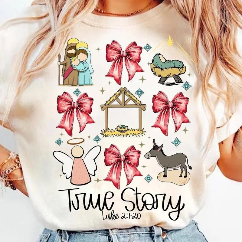 Coquette Jesus Christmas T-Shirt, Baby Jesus Nativity Scene Sweatshirt, True Story Oh Holy Night Bible Verse Clothing, Unisex