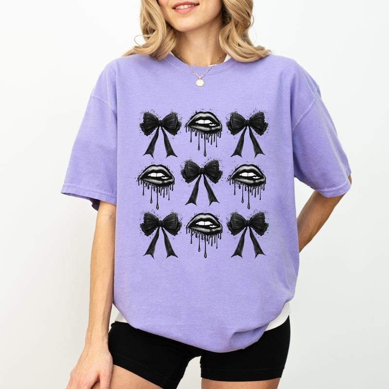 Coquette Lips And Bows Gothic Shirt, Gothic Vibes Graphic Printed Tee, Halloween Coquette Unisex Unhinged Shirt, Dark Coquette Spooky T-shirt, Halloween Outfits, Comfy Fabric Tee, Women's Tops, Cotton Fabric Relaxed Fit Chic Style coquette clothing