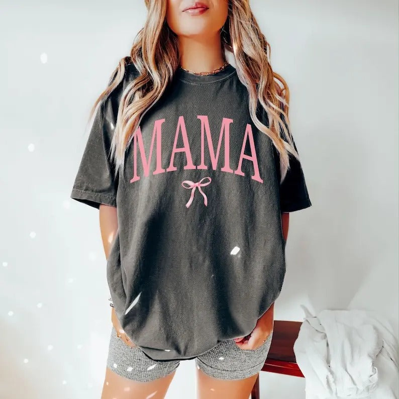 Coquette Mama Comfort Colors T-Shirt, Coquette Bow T-shirt for Mom, Mothers Day Gift, Girly Mama Outfit, Baby Shower Gift for Expecting