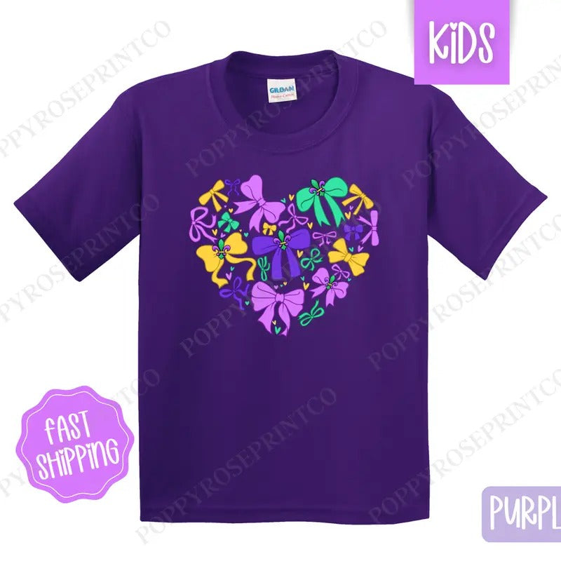 Coquette Mardi Gras Heart Kids Shirt - Louisiana Parade Bow Children's Tshirt - Cute Youth Tee Gildan