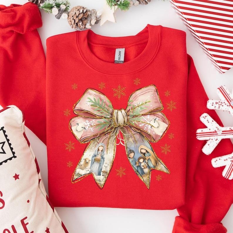 Coquette Nativity Scene Sweatshirt, Coquette Bow Jesus Shirt, Nativity Christmas Shirt, Love Like Jesus Shirt,Lightweight Sweater,Baby Jesus