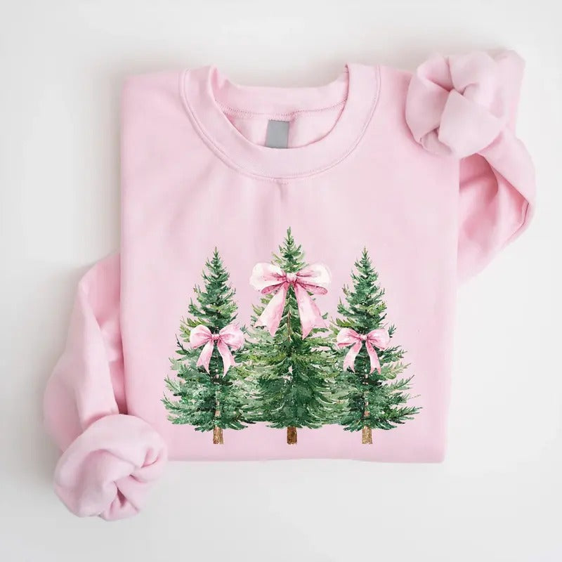 Coquette Pink Bow Christmas Tree Shirt, Christmas Tree Bow Sweatshirt, Coquette Pink Christmas Sweater, Coquette Farm Fresh Xmas Tee Shirt, Christmas Bow Shirt, Gift For Her