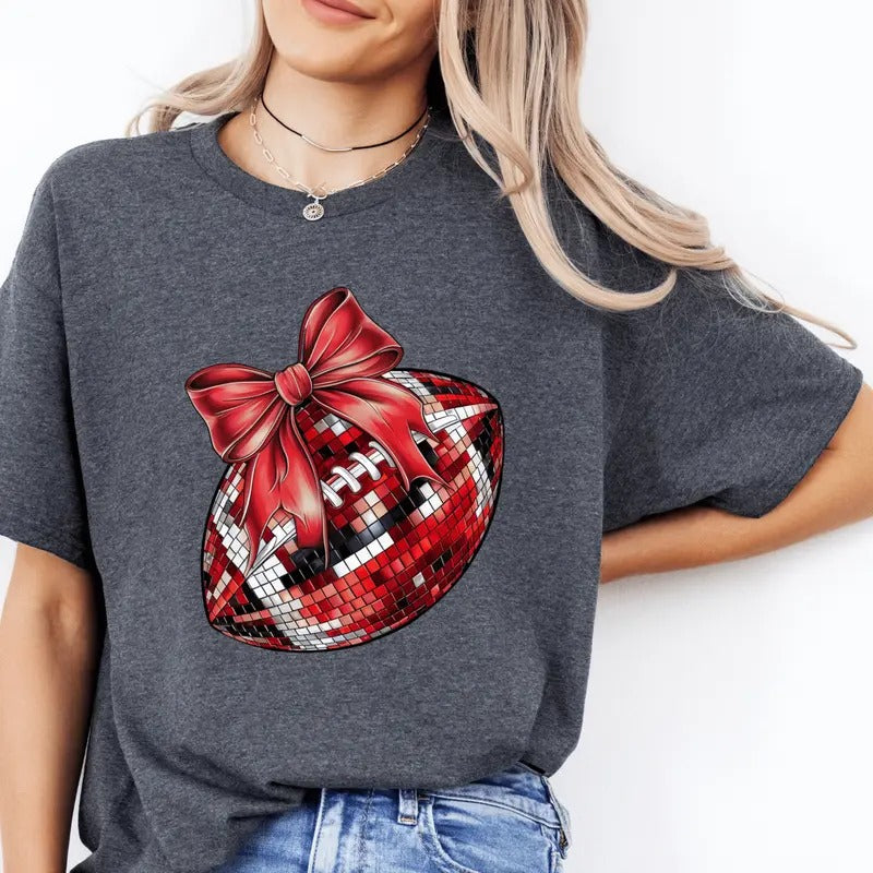 Coquette Red Bow and Football Shirt - Cute Football Season Graphic Tee - Casual Softstyle Unisex T-Shirt