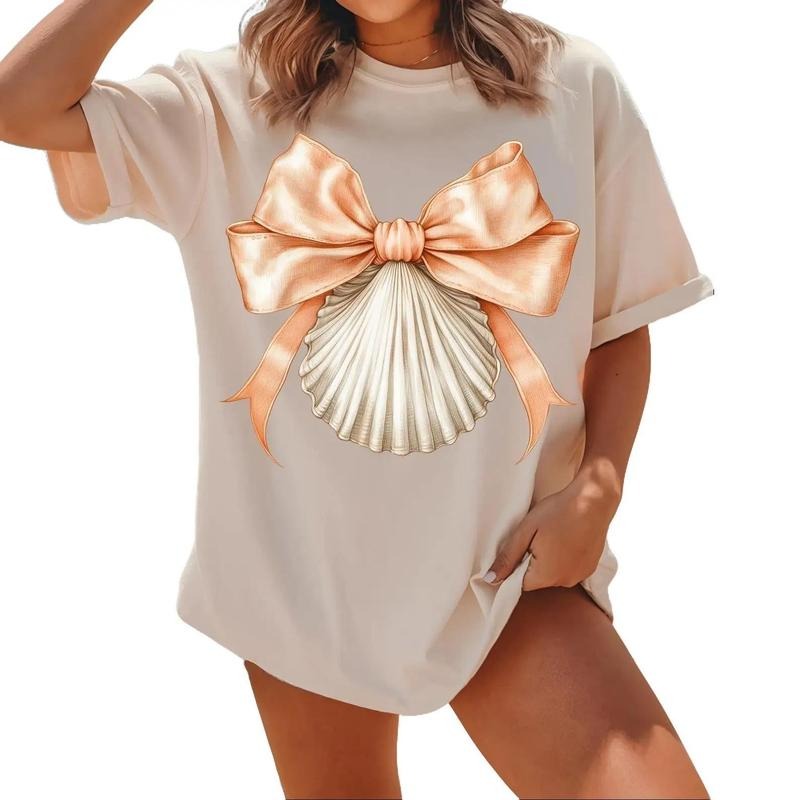 Coquette Seashell Coastal Tee, Retro Summer Bow Shirt, Summer Vibes Girly, Vintage Summer Girls Trip Casual Top, Gift for Her