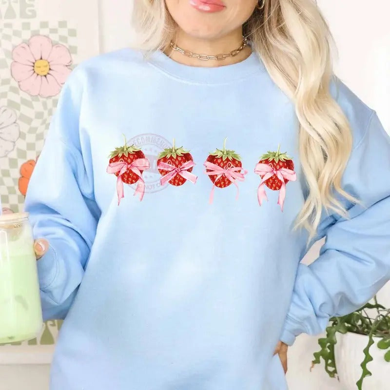 Coquette Strawberry Sweater, Pink Bow Shirt, Aesthetic Girl Shirt, Pink Ribbon Shirt, Soft Girl Gift Tee, Unisex Sweatshirt, Gifts For Women Family, Long Sleeve Crewneck Shirt, Unique Gifts For Women Sweater Womenswear Comfortable