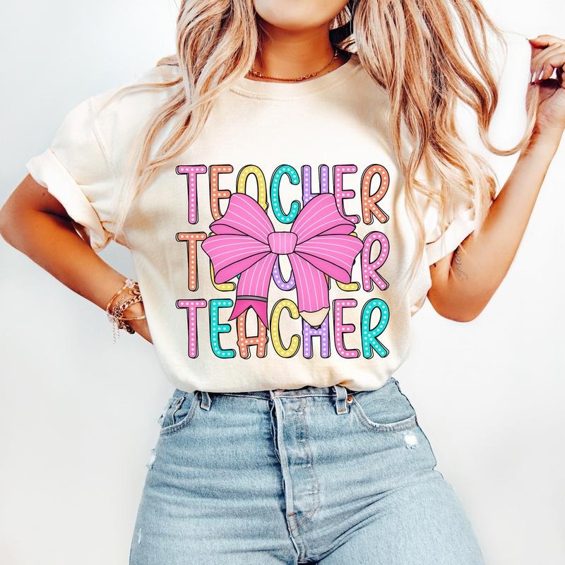 Coquette Teacher T-Shirt, Back to School T-Shirt,Teacher Appreciation Gift,Bright Doodle Dots,First Day of School T-Shirt,Retro Teacher T-Shirt, Teacher Life