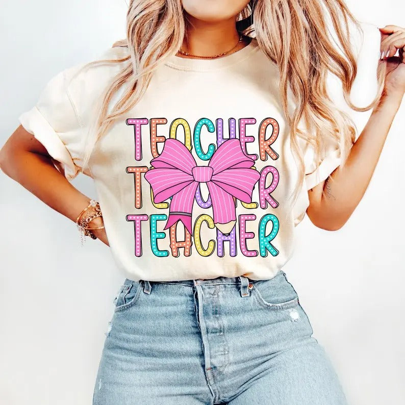 Coquette Teacher T-shirt, Back to School T-shirt,Teacher Appreciation Gift,Bright Doodle Dots,First Day of School T-shirt,Retro Teacher T-shirt,Teacher Life