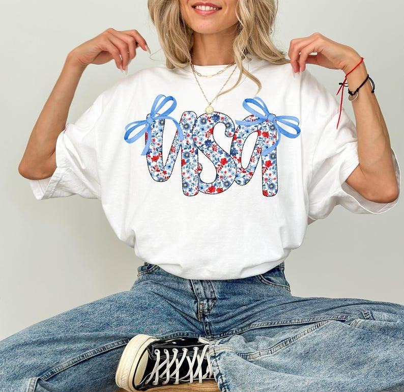 Coquette USA Shirt, 4th of July Sweatshirt, Stars Stripes USA Flag Shirts, Floral Patriotic Shirt, Red White Blue