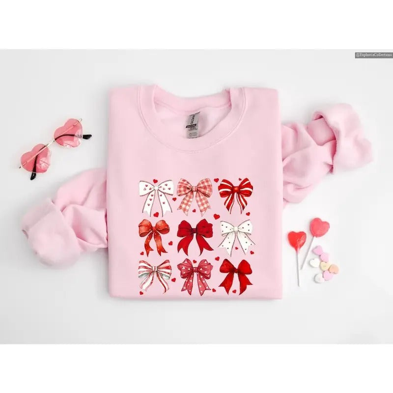 Coquette Valentine Heart Bow Sweatshirt Hoodie T-Shirt, Retro Cute Pink Love Day Girly Shirt Couple Family Girlfriend Gifts , Global Trending Outfits