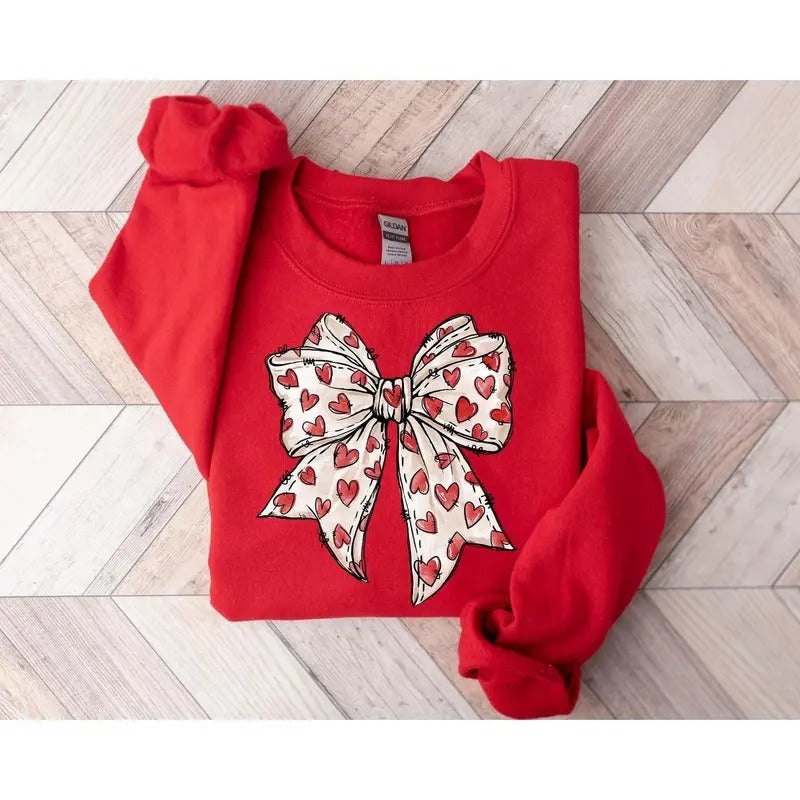 Coquette Valentine's Day Heart Bow Sweatshirt, Retro Valentine Shirt, Valentines day Bow Shirt, Coquette Bow T Shirt, Bow Valentine Gifts