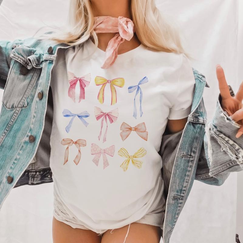 Coquette tee Pastel pink Bow Tshirts Bows and Easter Ribbon Collage T-Shirts Pink Bows Tees Womens Ribbon Collage Tshirts Sublimation Tees Cotton Casual