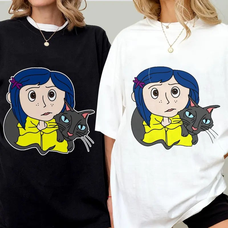 Coraline with Black Cat Shirt, Coraline horror movies tshirt, Horror Character Shirt, Halloween Crewneck Sweatshirt