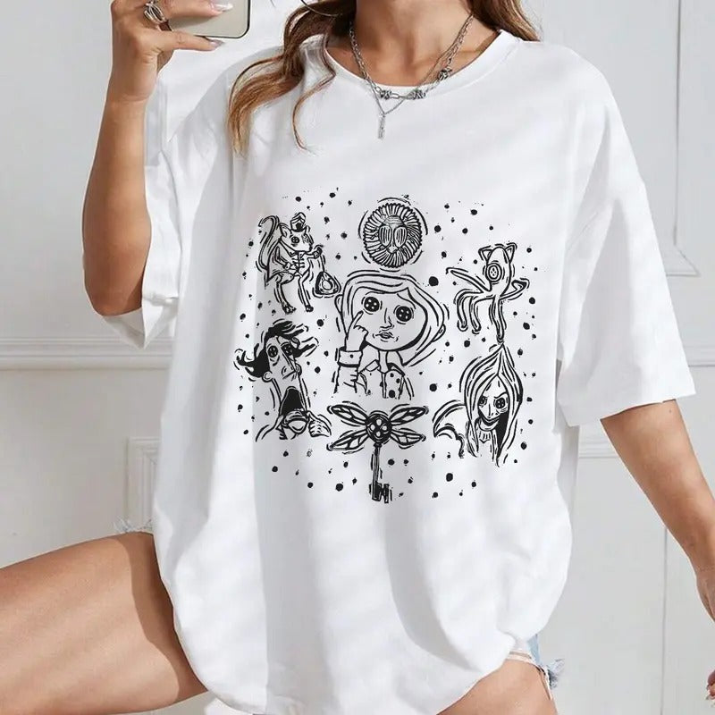 Coraline Doodle Shirt, Horror Coraline movies, Horror Character Shirt, Halloween Crewneck Sweatshirt