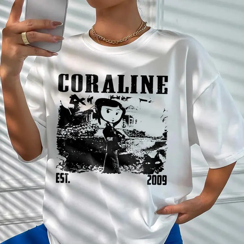 Coraline Est 2009 movies shirt, famous horror movies tshirt, Horror Character Shirt, Halloween Crewneck Sweatshirt Casual Classic