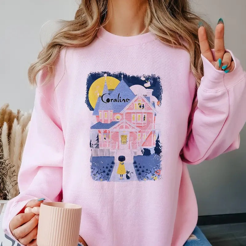 Coraline Pink Palace T-shirt, famous horror movies tshirt, Horror Character Shirt, Halloween Crewneck Sweatshirt Sweaters