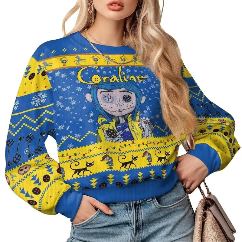 Coraline Ugly Sweater, Coraline Doll Holiday Sweatshirt, Button Eyes Xmas Sweater, Spooky Movie Christmas Sweater, Horror Characters