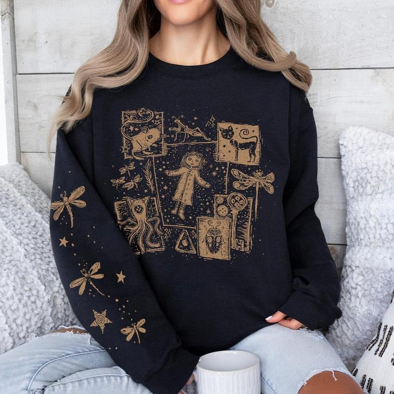 Coraline dreaming Golden style Sweatshirt Hoodie, famous horror movies tshirt, Horror Character Shirt, Halloween Crewneck Sweatshirt Sweaters