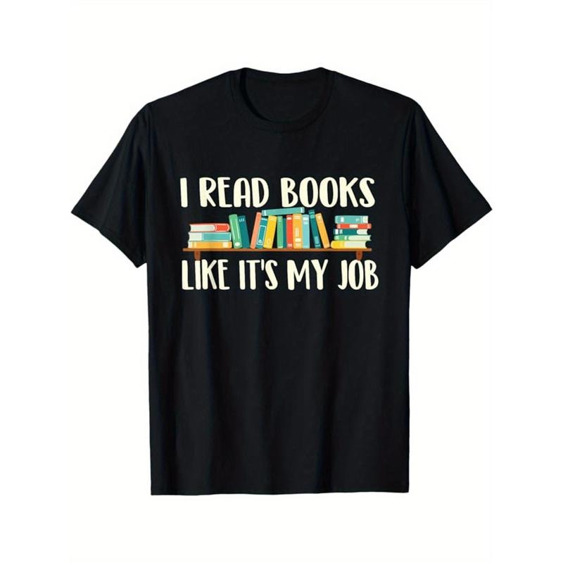 Cotton Crew Neck T-Shirt for Men, "I Read Books Like It'S My Job" Print, Short Sleeve, Regular Fit, Geometric Pattern, Medium Stretch, Knit Fabric, for Daily & Casual Wear Made in USA