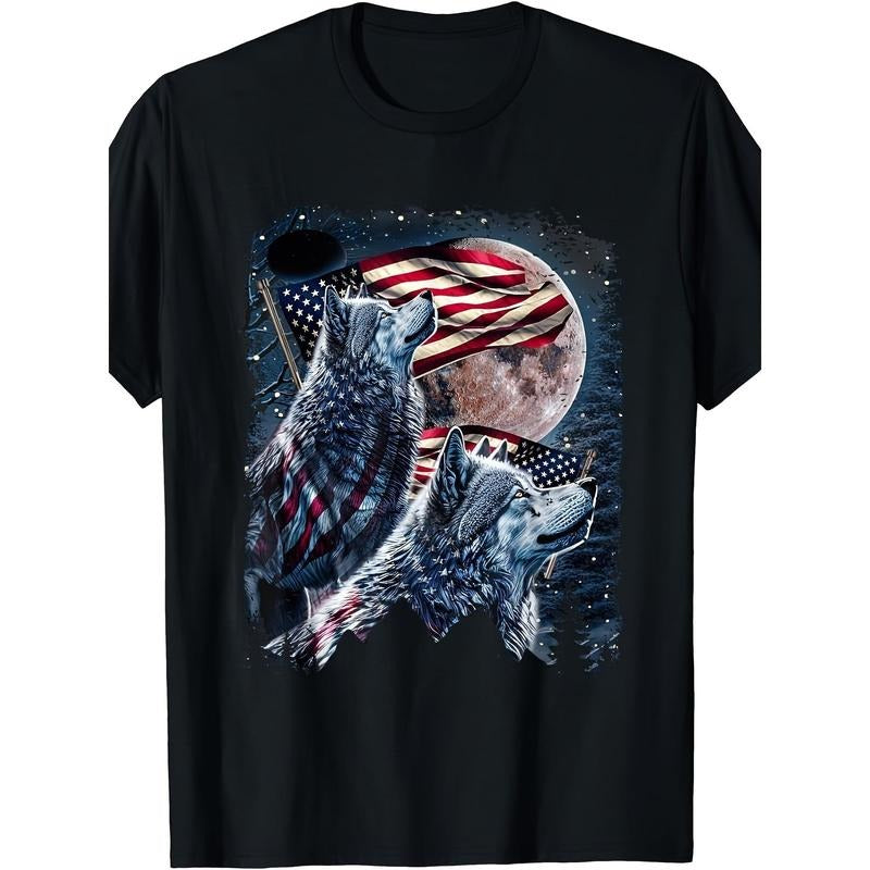 Cotton Wolf 4th Of July American Flag Howling Wolves Under Moon T-Shirt Made in USA