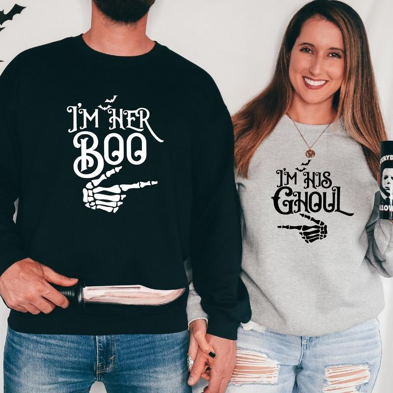 Couples Halloween Sweatshirt, I'm His Ghoul Hoodie, I'm Her Boo Sweater, Matching Halloween Party Sweatshirts, Skeleton Hand Wife Husband Long Sleeve.