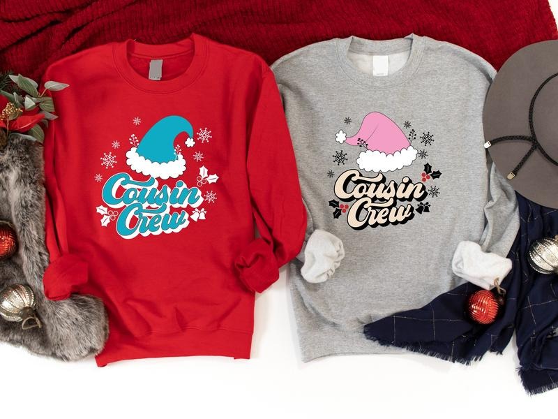 Cousin Crew Christmas Sweatshirt, Pink Blue Santa Hat Hoodie, Cousin Squad Christmas 2023, Family Matching Xmas Gift Sweater, Cousin Holiday Gathering Hoodie.
