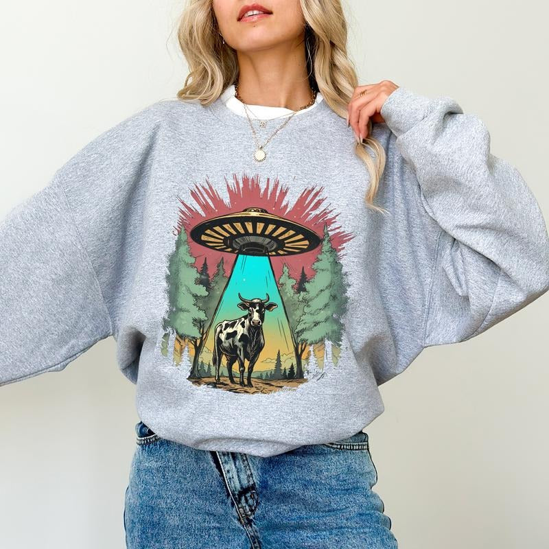 Cow Abduction Sweatshirt, Retro Graphic Alien Crewneck, Sarcastic Pullover Sweater, Funny Meme Gifts, Weird Tripping Sweater