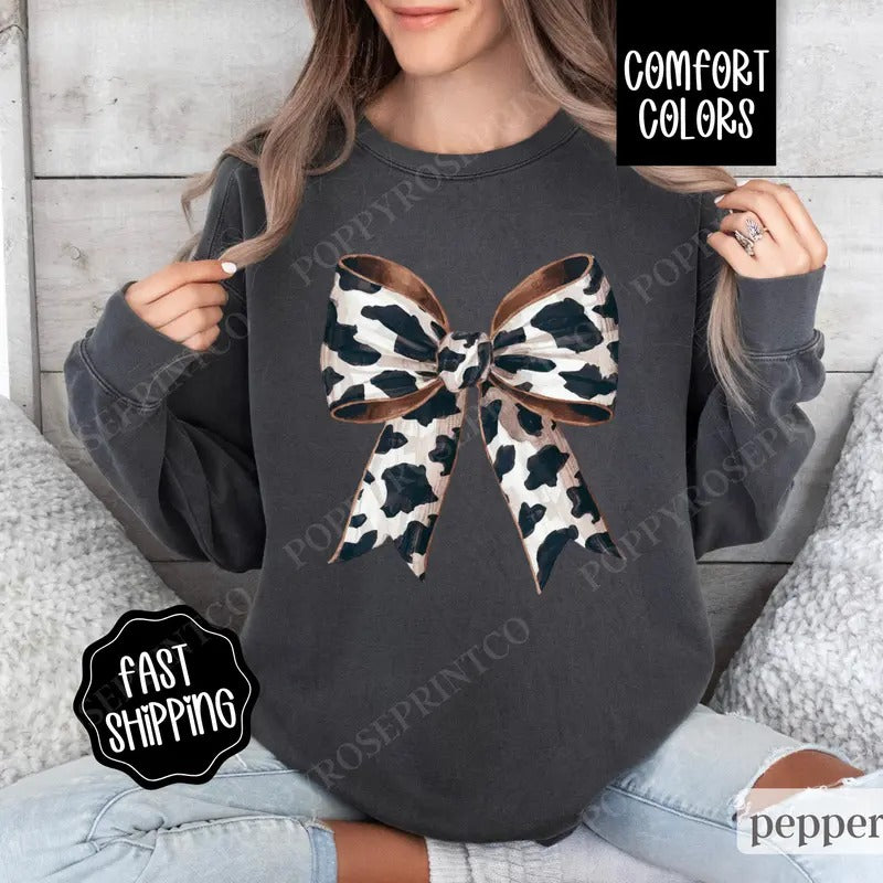 Cow Bow Sweatshirt Comfort Colors, Coquette Cow Crewneck, Women's Sweater