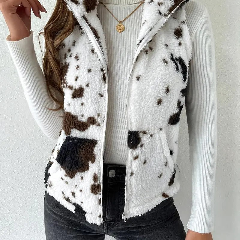 Cow Print Fleece Fuzzy Zip Up Vest Jacket Sleeveless Outwear with PocketsY2K