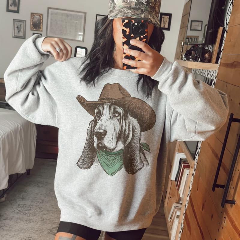 Cowboy Basset Sweatshirt, vintage crewneck sweatshirts, western outfit women, cowgirl outfits, western clothing stuff tops, country concert outfits, western style clothes