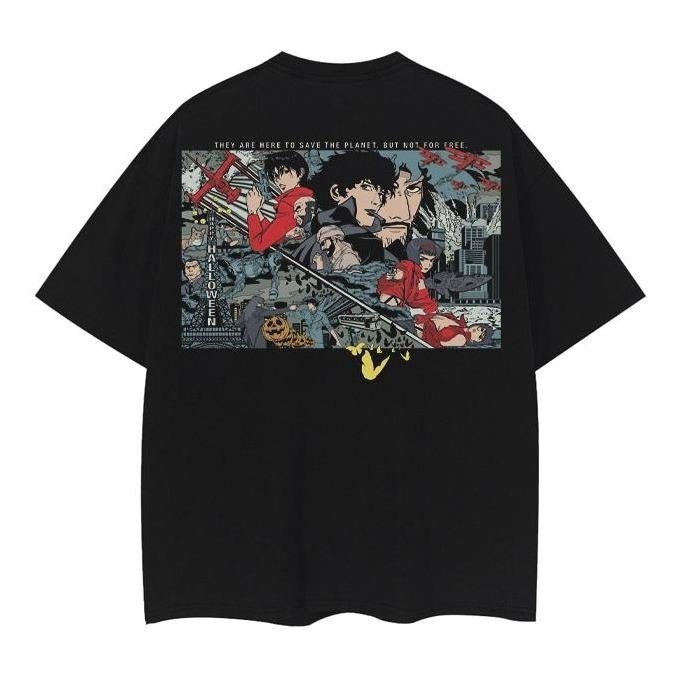Cowboy Bebop "Spike" Heavyweight Vintage Tee 100% Cotton OVERSIZED Anime T-shirt Menswear Top Casual Streetwear Black Crewneck Tshirt Tropical