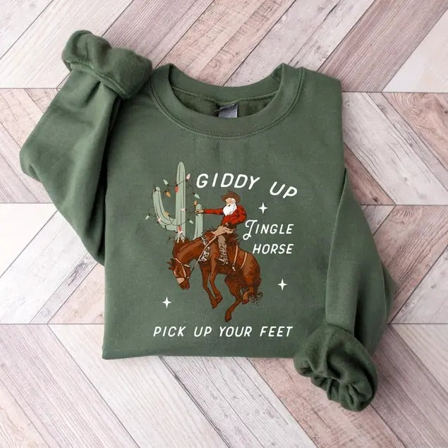 Cowboy Christmas Sweater, Giddy Up Jingle Horse Pick Up Your Feet, Cowgirl Shirt, Christmas Sweatshirt, Howdy Country Christmas Horse