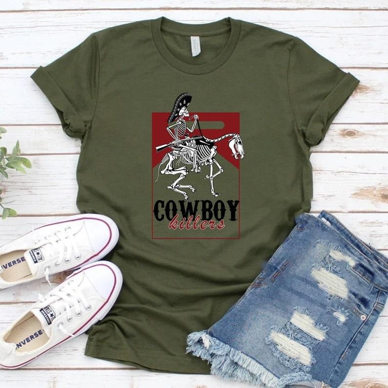 Cowboy Killer Graphic Tee - Retro T-Shirt with Cowboy Design, Short Sleeve, Cotton Blend, Casual Men's Wear, Country Style