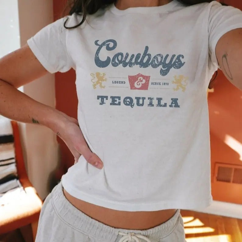 Cowboys & Tequila Baby Tee | Cute Trendy Baby Tee | Vintage Y2K Style | Cowgirl T-Shirt | Baby Tee For Women