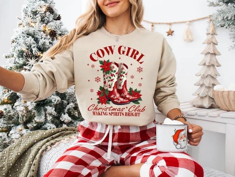 Cowgirl Christmas Club Sweatshirt, Making Spirits Bright Shirt, Winter Holiday Girl's Trip Tee, Western Theme Christmas Sweater