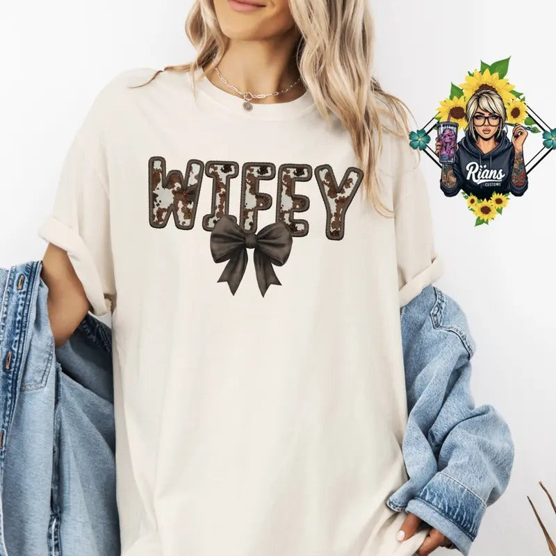 Cowprint Stitched Wifey Printed Crewneck