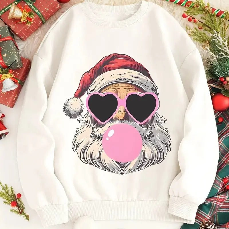 Cozy Christmas Santa Print Sweatshirt, Pink Santa Retro Christmas T-Shirts, Women Pink Christmas Matching Family Sweaters, Pink Vintage Holiday