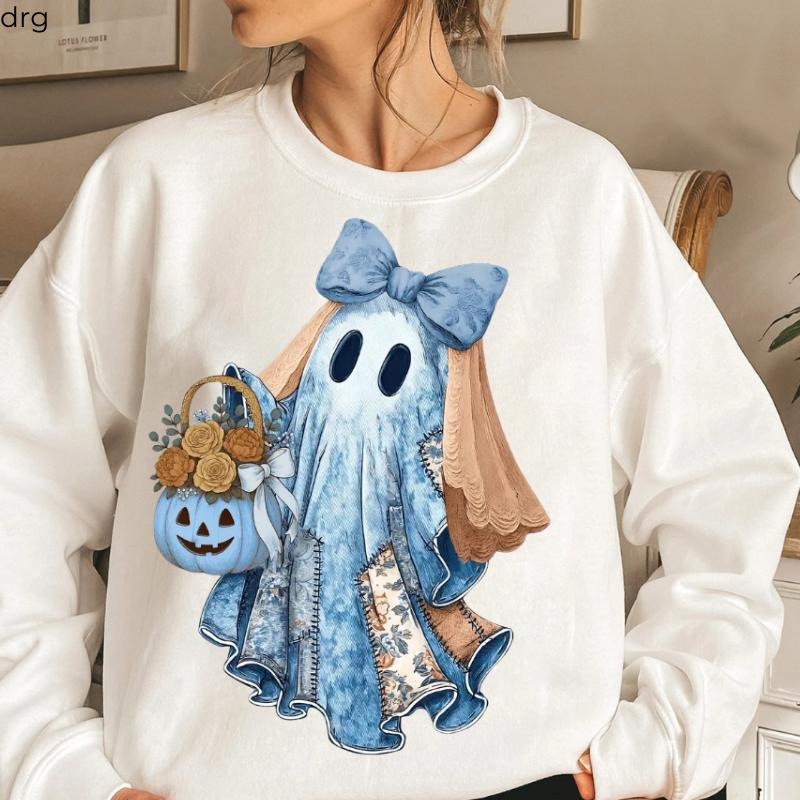 Cozy Halloween Sweatshirt, Cute Ghost Graphic Hoodie, Fall Outfit with Patchwork Style & Pumpkin Bucket Design, Unisex Spooky Top