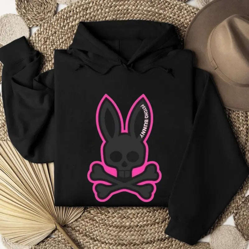 Crazy Bunny Unisex Hoodie, Psycho Bunny Skull & Bone, Punk, Cool Shirt