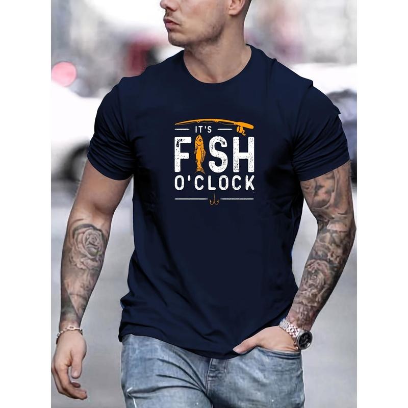 Creative IT'S FISH O'CLOCK Graphic Print, Men's Crew Neck Short Sleeve T-shirt, Casual Comfy Fit Top For Summer Made in USA