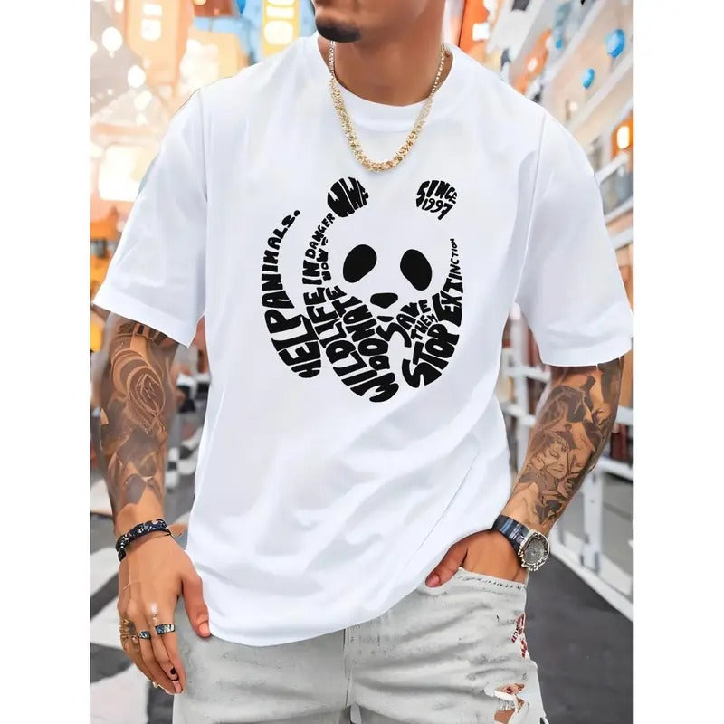 Creative Panda Outline Graph And Letters Print, Men's Crew Neck Short Sleeve Summer T-shirt, Casual Comfy Top For Daily Wear Made in USA