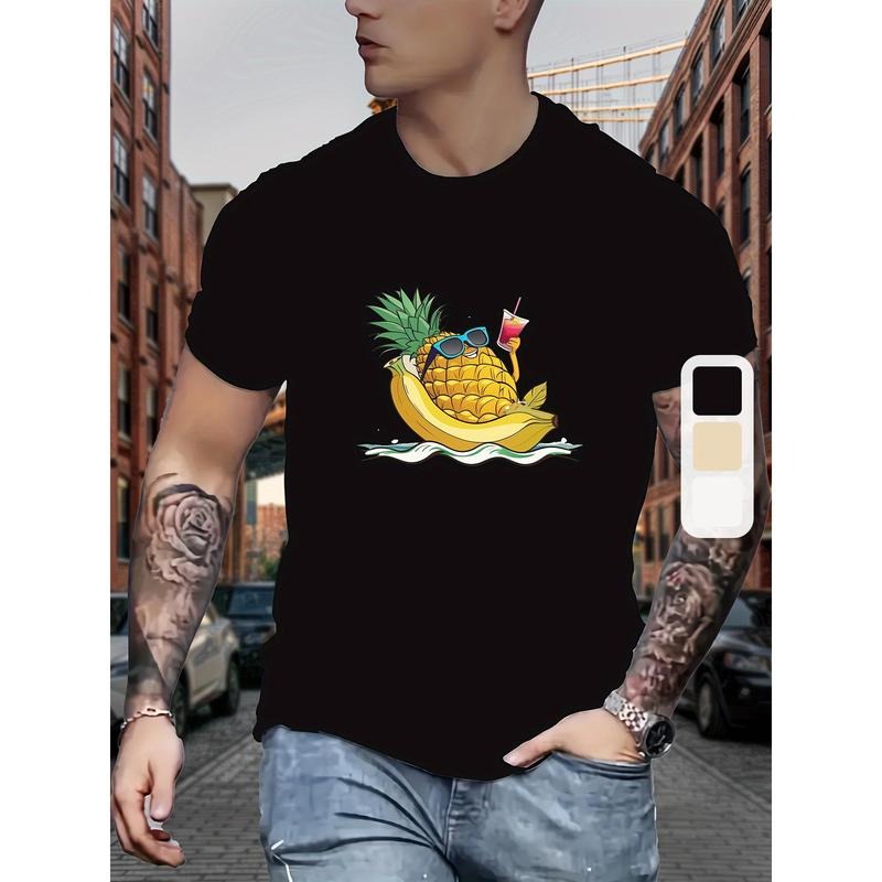 Creative Pineapple On Vacation Graphic Print, Men's Crew Neck Short Sleeve T-shirt, Casual Top For Summer made in usa