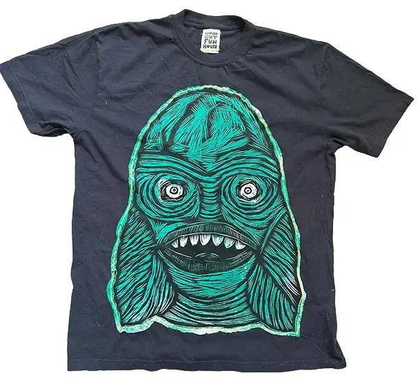 Creature Head Woodcut Appliqued Hand printed Woodcut T Shirt Menswear Cotton Top Streetwear Casual