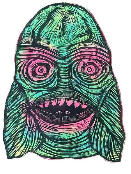 Creature Woodcut Print on Painted Birch Panels Ready to Hang Artistic Room Decor 16x20 Inches Unique Etching Press Printed Green Head Design - Hanging