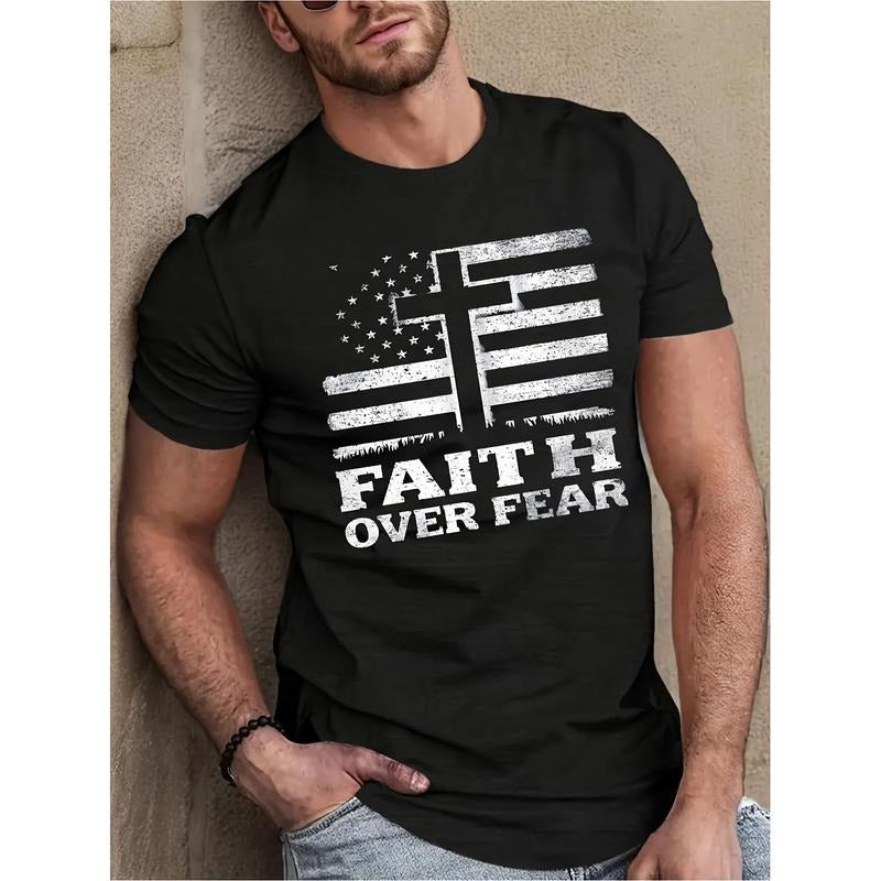 Cross, Flag And FAITH OVER FEAR Letter-printed Short-sleeved Round Neck Plus Size T-shirt, Casual Summer Outing Top Made in USA