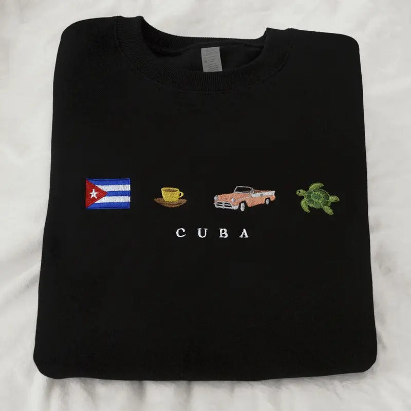 Cuba Embroidered Sweatshirt, Island, Caribbean, Perla del Caribe, Cafecito, Almendron, Classic Car, Sea Turtle, Cotton, Black, Cream Beige, Crewneck, Flag, Bordado, Latin, Orgullo