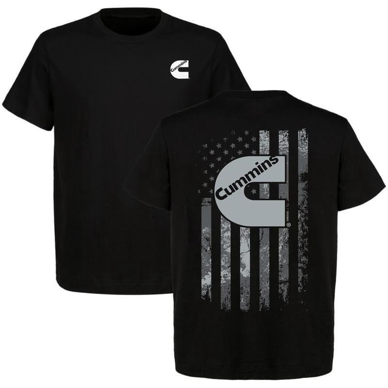 Cummin American Flag Men 2-sided Shirt Car Parts Shirt For Car Enthusiast Casual Cotton Top, Menswear Car Parts Short Sleeve