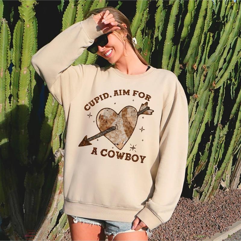 Cupid Aim For A Cowboy, Heart, Western, Country, Sweatshirt, Valentine's Day, Crew Neck, Women's, Crewneck, Valentine's Day, Love, Heart, Cupid