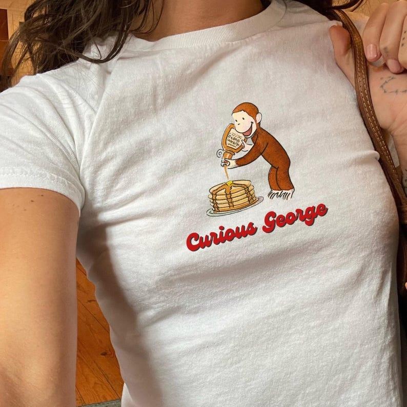 Curious George Graphic Baby Tee, Good Morning Pancakes Shirt, Cute Pancake Graphic Top, Trendy Baby Tee, Y2K Babytee Kids Nostalgic Cartoon