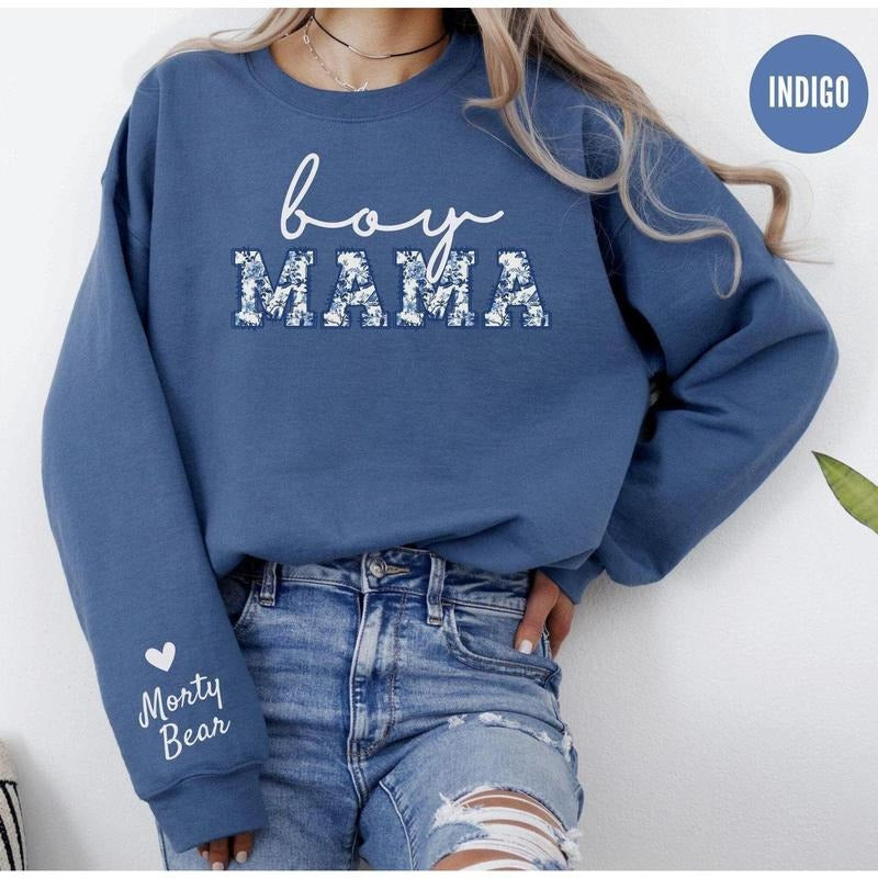 Custom Boy Mama Sweatshirt Toile Boy Mom Crewneck with kids Names Sweater, Baby Reveal Outfit, Personalized Floral Mothers Day Shirt Gift